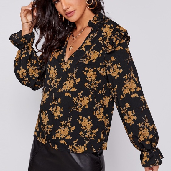 Tops Notched Neck Ruffle Trim Floral Top small new - Picture 3 of 3